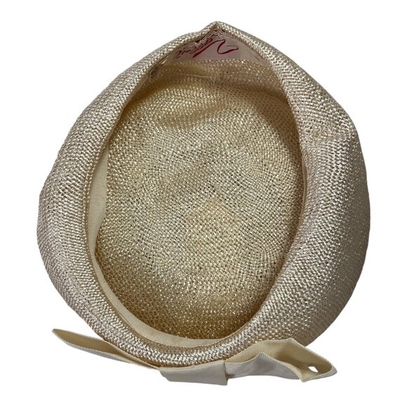 Vintage 1950s Valerie Modes Women’s Hat 22.5 Cream Straw Veil Bow 8” Prop - Picture 5 of 6